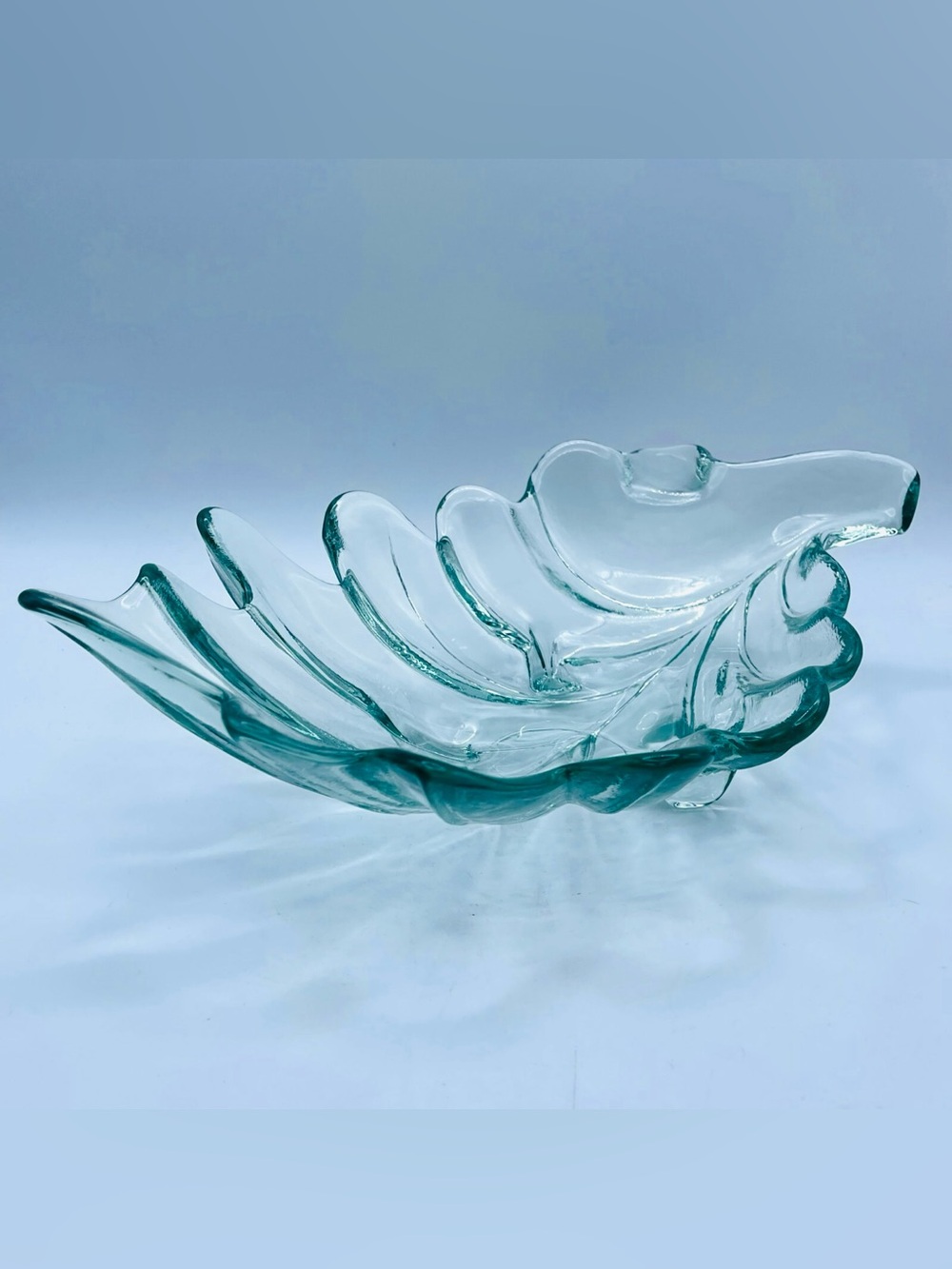 Vidrios San Miguel Recycled Glass Oak Leaf Footed Bowl Spain Aqua Teal